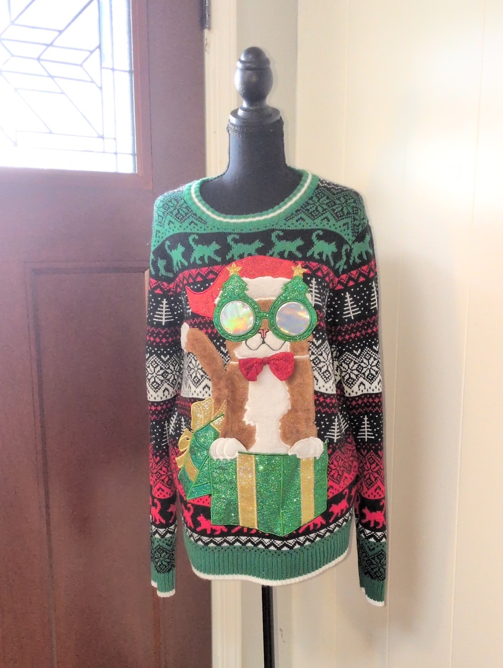 Festive Cat Graphic Ugly Christmas Sweater - Green Multi Size Medium Men's